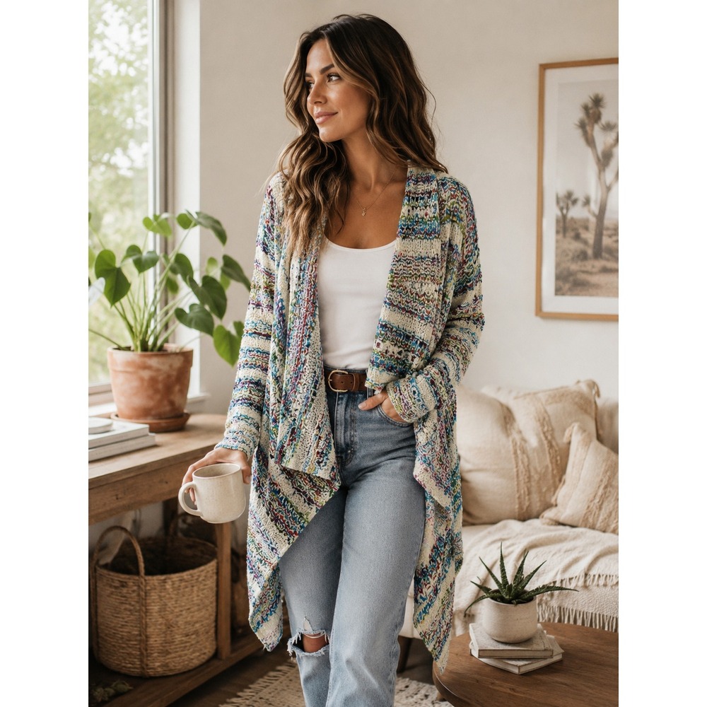 Peruvian Connection Pima Cotton Cardigan Sweater Small Multi Color Stripe *Flaw